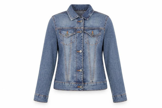 Front view of Denim & Co. women’s blue jacket, size UK 12, button