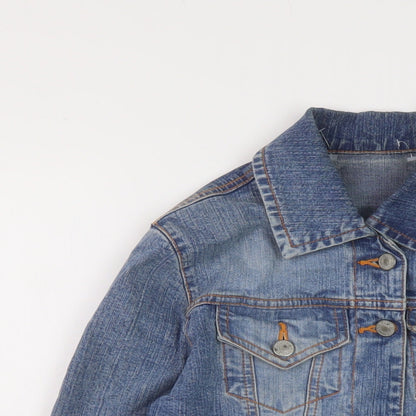Close-up detail of Denim & Co. women’s blue jacket, size UK 12, button