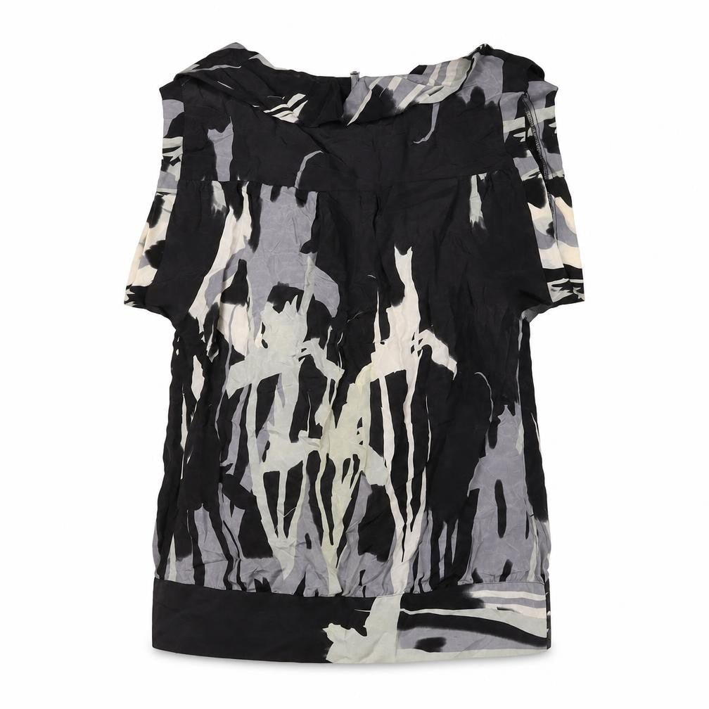 Warehouse Womens Black Geometric Silk Basic Blouse Size 8 Round Neck - Cowl Back