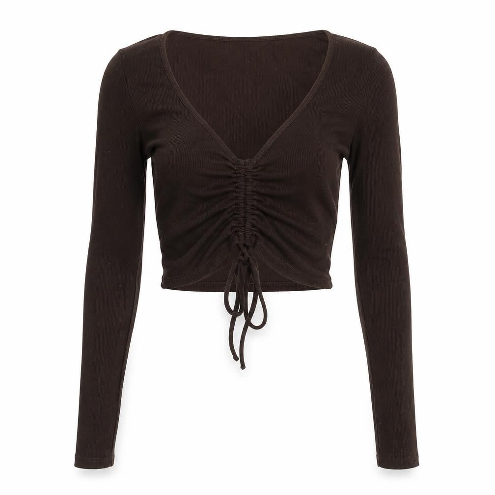 Zara Womens Brown Cotton Cropped Blouse Size M V-Neck - Ribbed Drawstring Detail