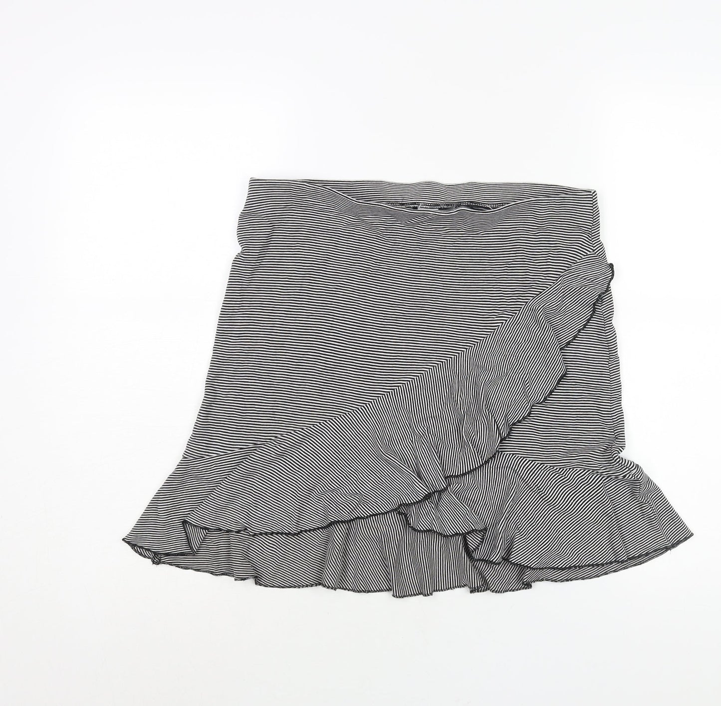 H&M Womens Black Striped Polyester A-Line Skirt Size 32 in - Wrap Style Frill
