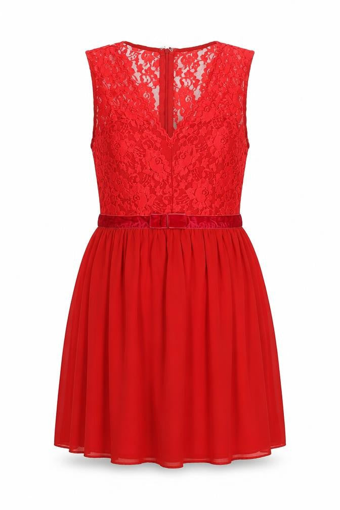 ASOS Womens Red Nylon Fit & Flare Size 10 Round Neck Zip - Lace Bodice Bow