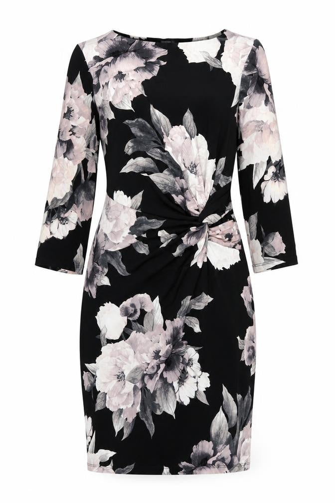 Roman Womens Black Floral Polyester Shift Size 14 Boat Neck Pullover - Twist Detail