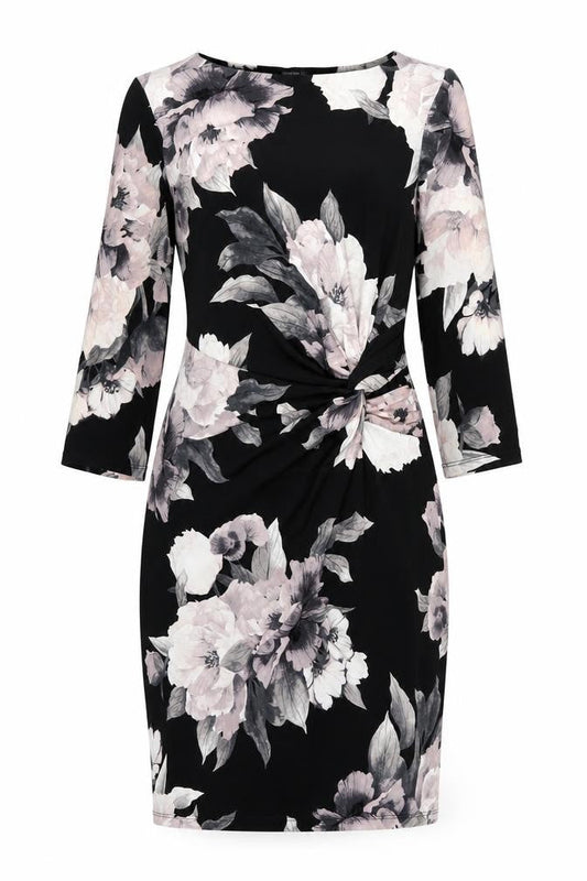Roman Womens Black Floral Polyester Shift Size 14 Boat Neck Pullover - Twist Detail