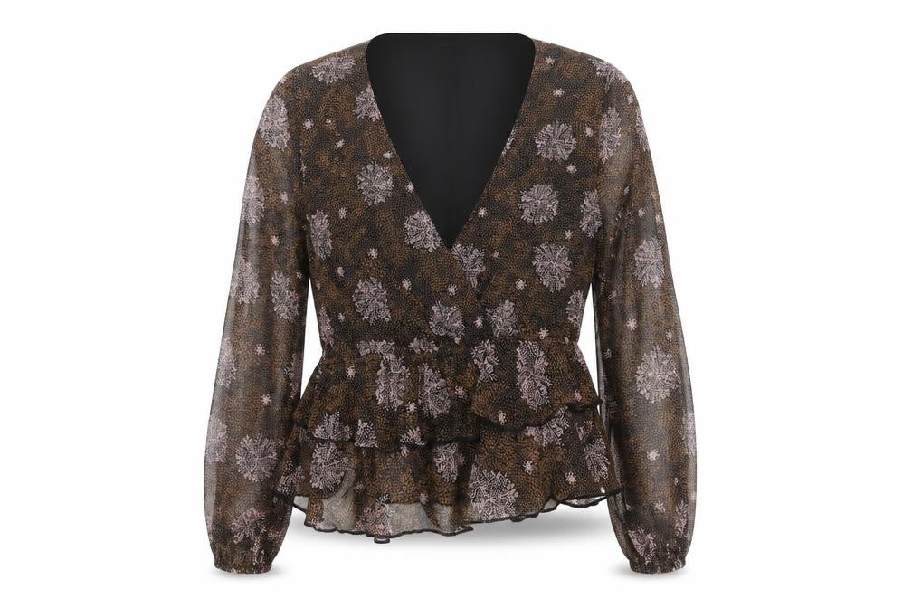 Blue Vanilla Womens Brown Geometric Polyester Basic Blouse Size 14 V-Neck - Frill
