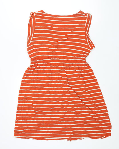 Back view of mamas & papas women’s red striped viscose shift, size UK 14, round neck button