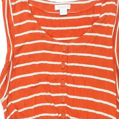 Close-up detail of mamas & papas women’s red striped viscose shift, size UK 14, round neck button