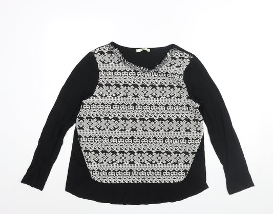 Oasis Womens Black Viscose Basic Blouse Size L Round Neck - Fringe Neckline Detail