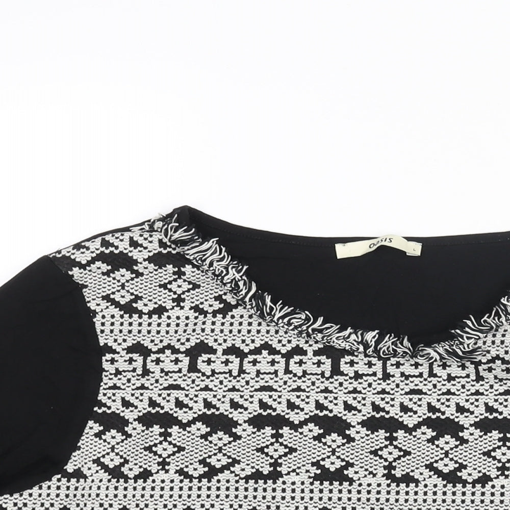 Oasis Womens Black Viscose Basic Blouse Size L Round Neck - Fringe Neckline Detail