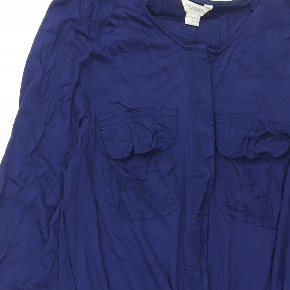 Monsoon Womens Blue Viscose A-Line Size 12 Round Neck Button - Drawstring Waist