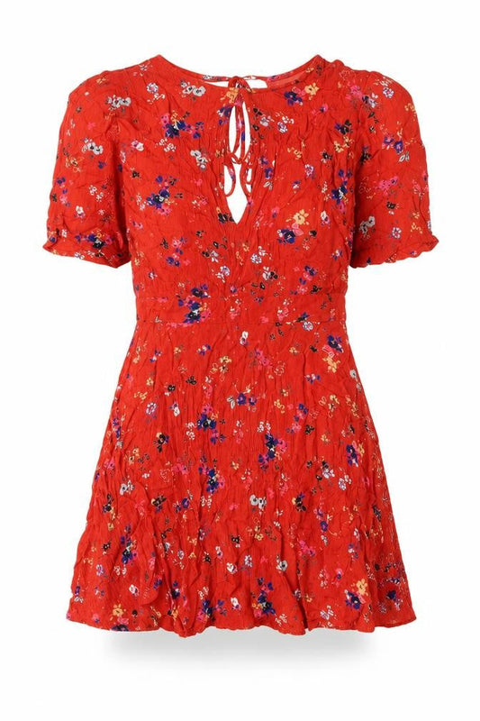 Urban Outfitters Womens Red Geometric Viscose Mini Size S Round Neck Tie - Floral Print Keyhole Neck