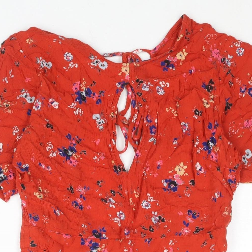 Urban Outfitters Womens Red Geometric Viscose Mini Size S Round Neck Tie - Floral Print Keyhole Neck