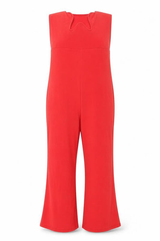 Front view of Missguided women’s red polyester jumpsuit one-piece, size UK 16, 32-inch leg pullover - low cut