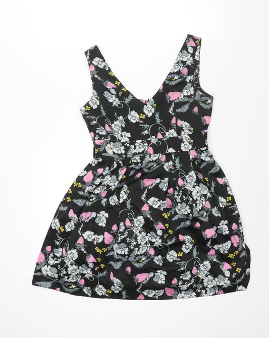 Monsoon Womens Black Floral Polyester A-Line Size 10 V-Neck Zip - Belted