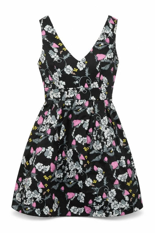 Monsoon Womens Black Floral Polyester A-Line Size 10 V-Neck Zip - Belted