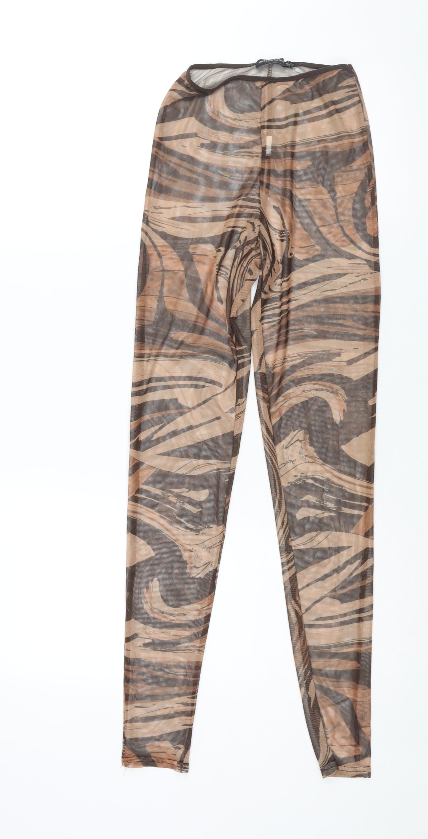 PRETTYLITTLETHING Womens Brown Geometric Polyester Cropped Leggings Size 6 L29 in - Elasticated Semi Sheer