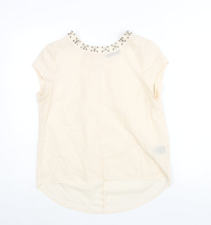 Marina Kaneva Womens Ivory Polyester Basic Blouse Size 12 Round Neck - Rhinestone Neckline