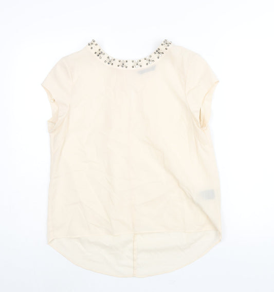 Marina Kaneva Womens Ivory Polyester Basic Blouse Size 12 Round Neck - Rhinestone Neckline