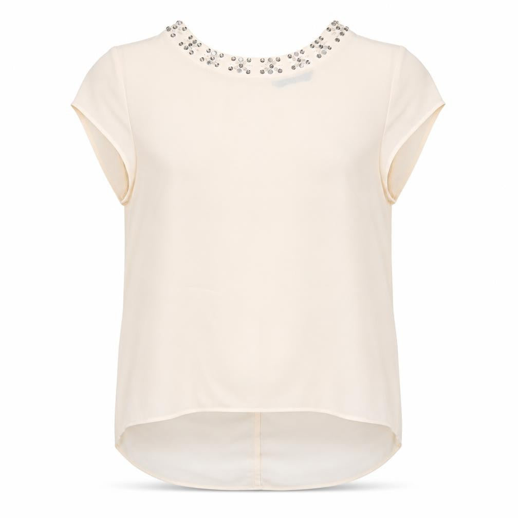 Marina Kaneva Womens Ivory Polyester Basic Blouse Size 12 Round Neck - Rhinestone Neckline