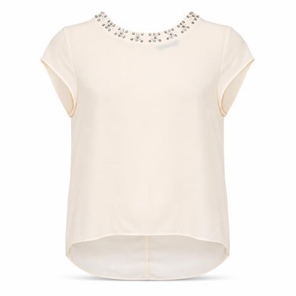 Marina Kaneva Womens Ivory Polyester Basic Blouse Size 12 Round Neck - Rhinestone Neckline