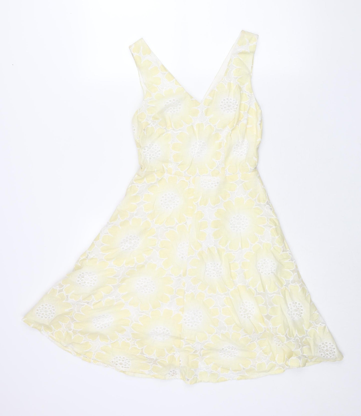 Traffic People Womens Yellow Floral Cotton Fit & Flare Size XS V-Neck Zip