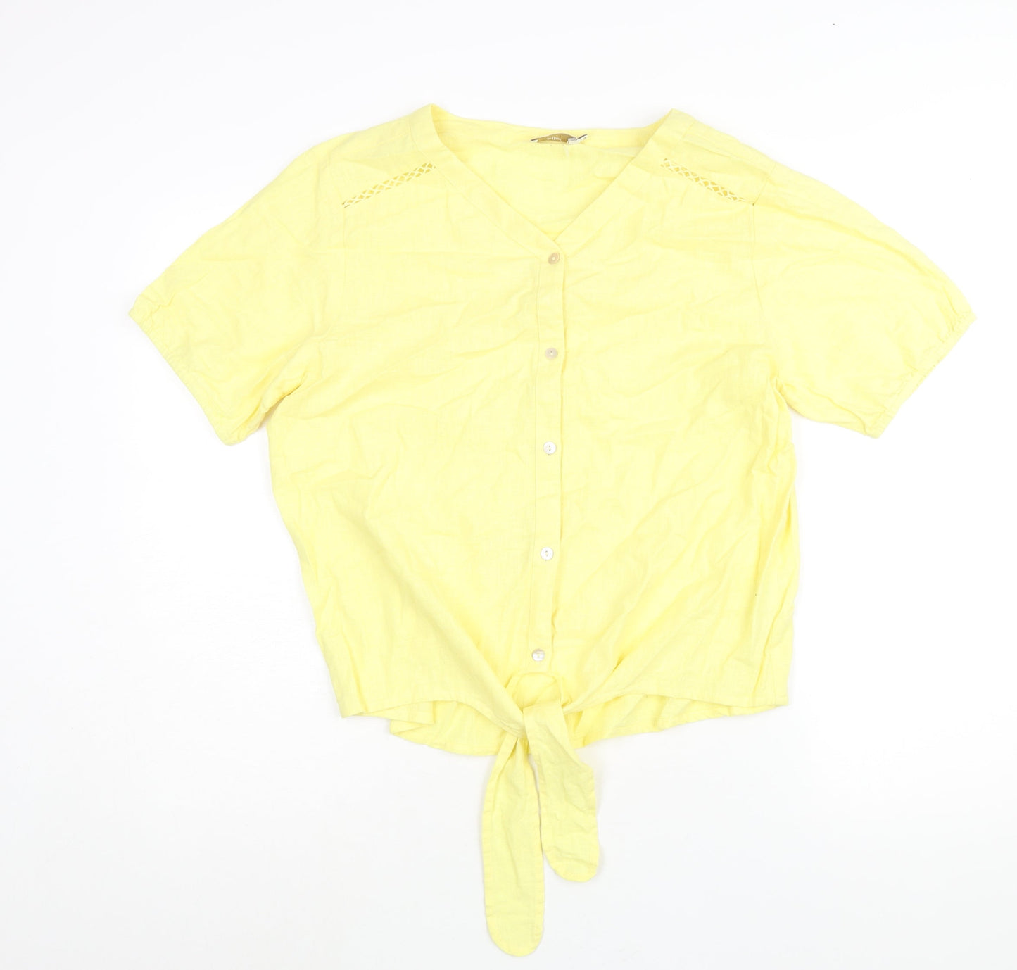 Cotton Traders Womens Yellow Cotton Basic Button-Up Size 14 V-Neck - Tie Detail