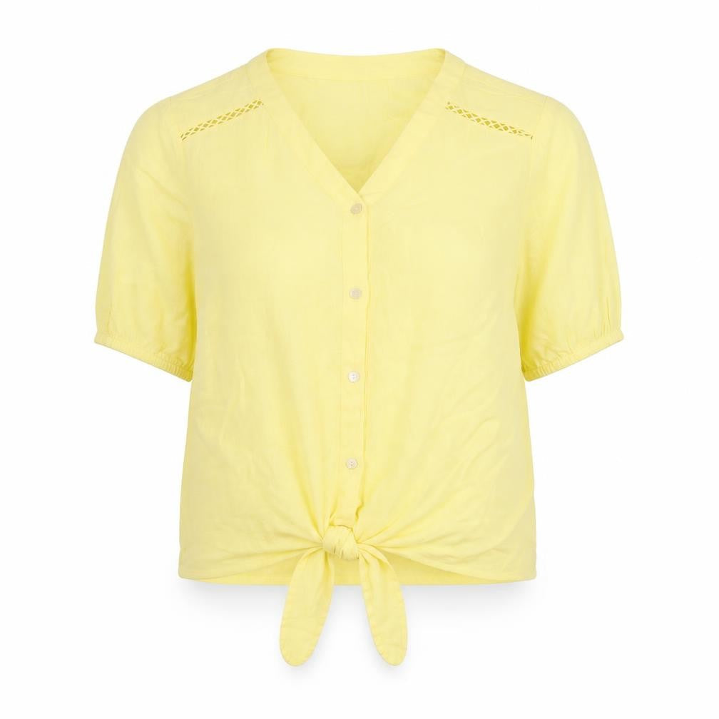 Cotton Traders Womens Yellow Cotton Basic Button-Up Size 14 V-Neck - Tie Detail
