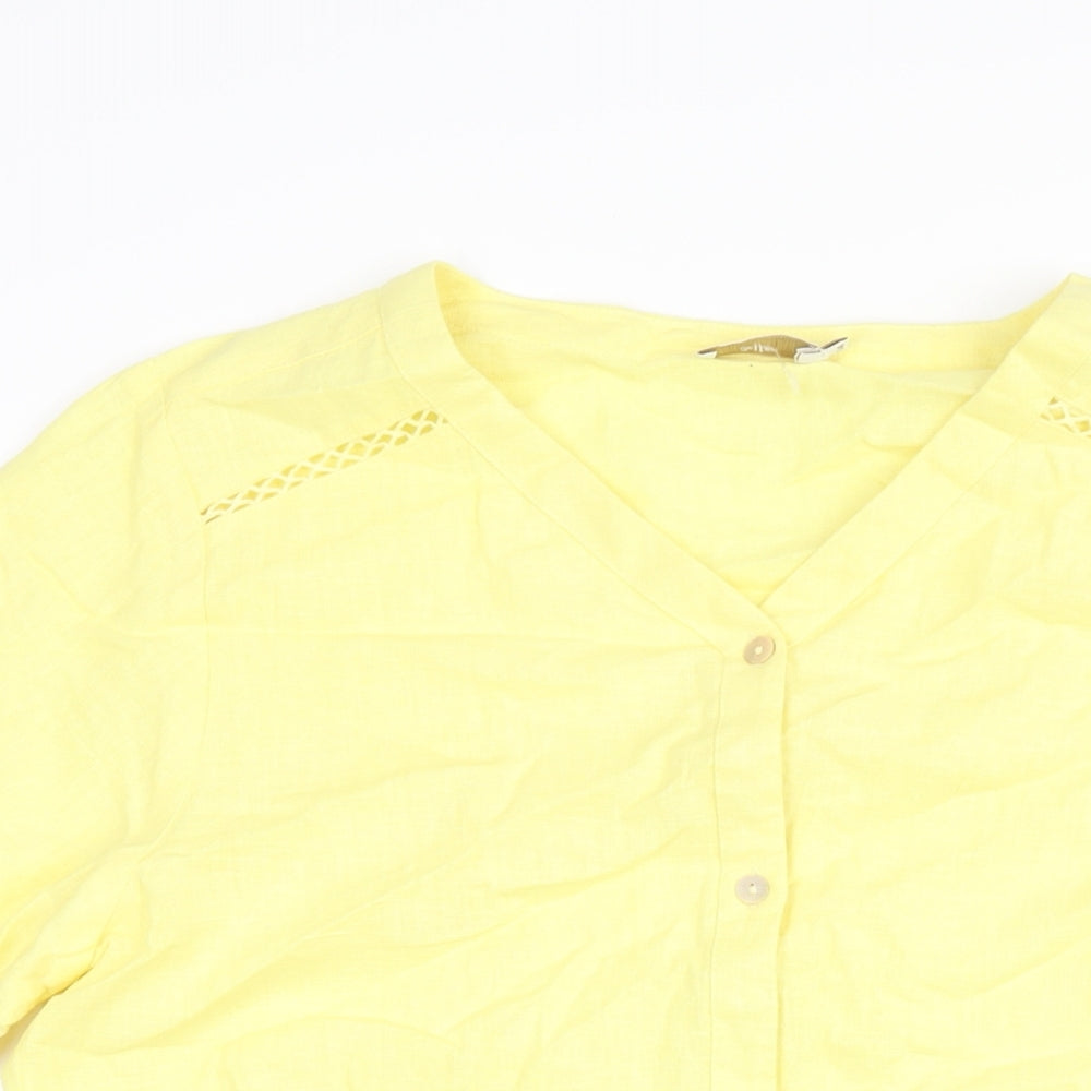 Cotton Traders Womens Yellow Cotton Basic Button-Up Size 14 V-Neck - Tie Detail
