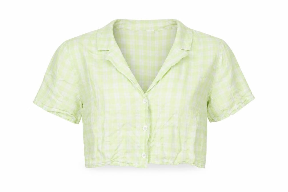 Divided by H&M Womens Green Check Cotton Cropped Button-Up Size 12 Collared