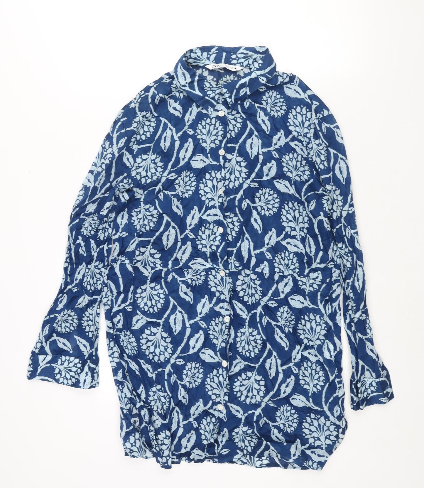 Zara Womens Blue Geometric Cotton Shirt Dress Size XS Collared Button - Floral Print