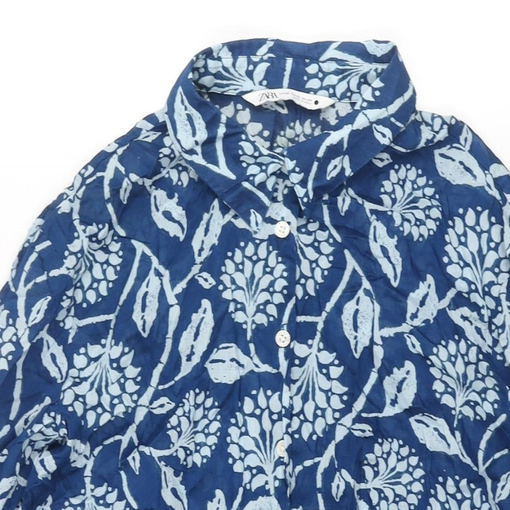 Zara Womens Blue Geometric Cotton Shirt Dress Size XS Collared Button - Floral Print