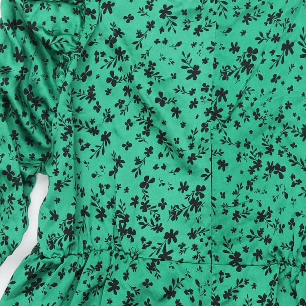 Simply Be Womens Green Floral Polyester A-Line Size 24 V-Neck Zip - Twist Detail Rouched Sleeve