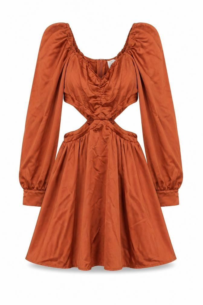Saint Genies Womens Brown Polyester A-Line Size 8 Square Neck Zip - Rouched Cut Out