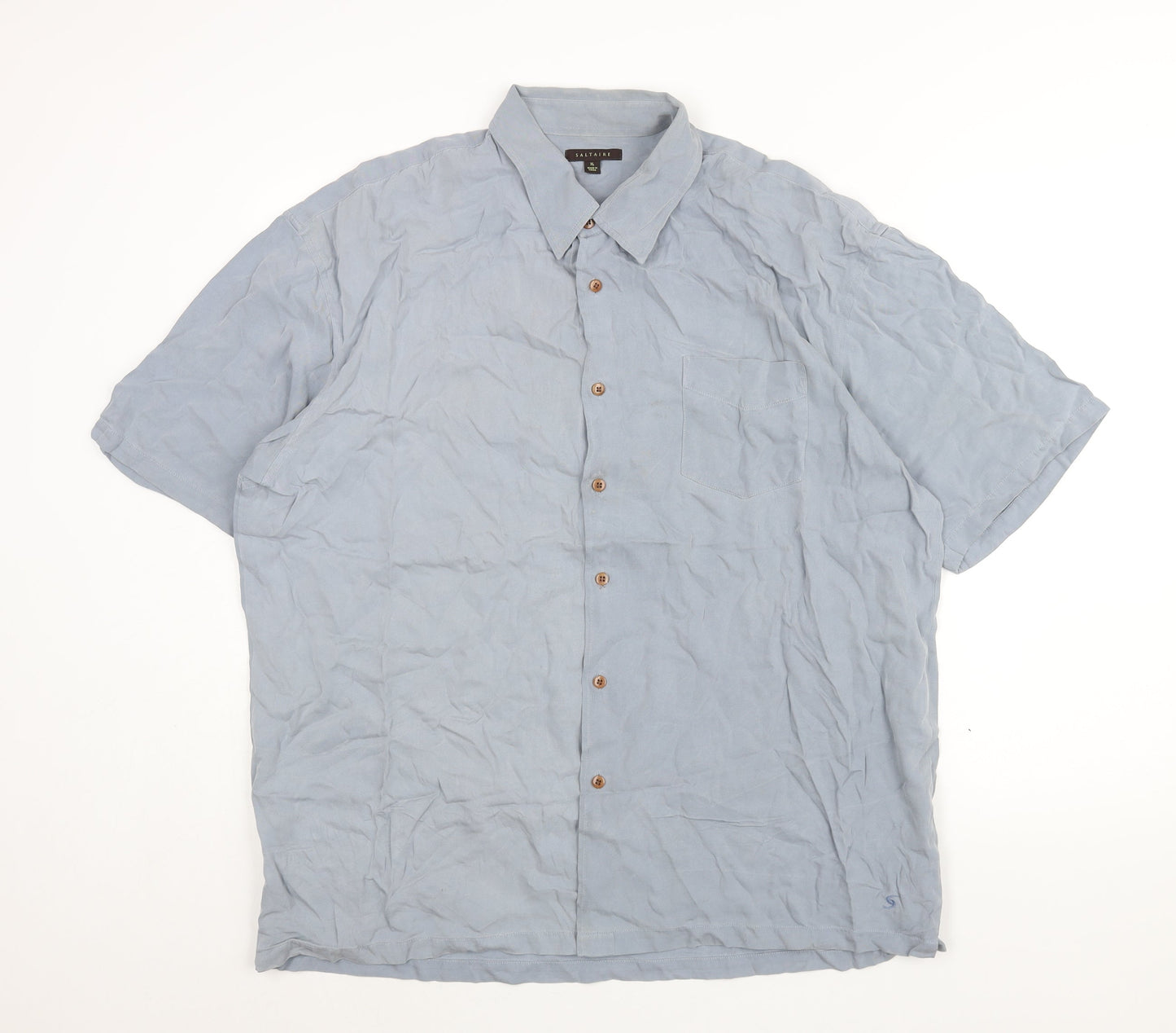 Saltaire Mens Blue Silk Button-Up Size XL Collared Button - Logo
