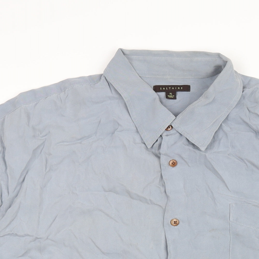 Saltaire Mens Blue Silk Button-Up Size XL Collared Button - Logo