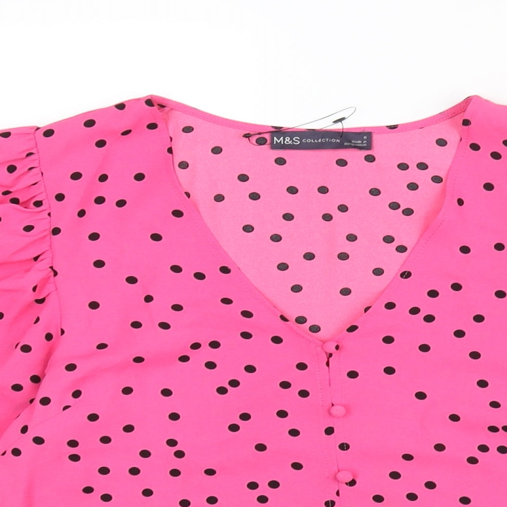 Marks and Spencer Womens Pink Polka Dot Polyester Basic Blouse Size 6 V-Neck