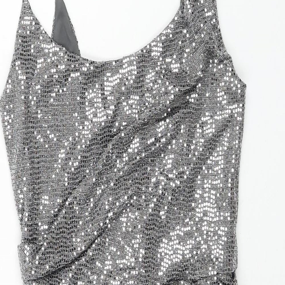 Topshop Womens Silver Nylon Mini Size 6 Scoop Neck Zip - Wrap Style Sequin