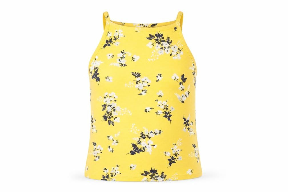 New Look Womens Yellow Floral Cotton Basic Tank Size 12 Square Neck