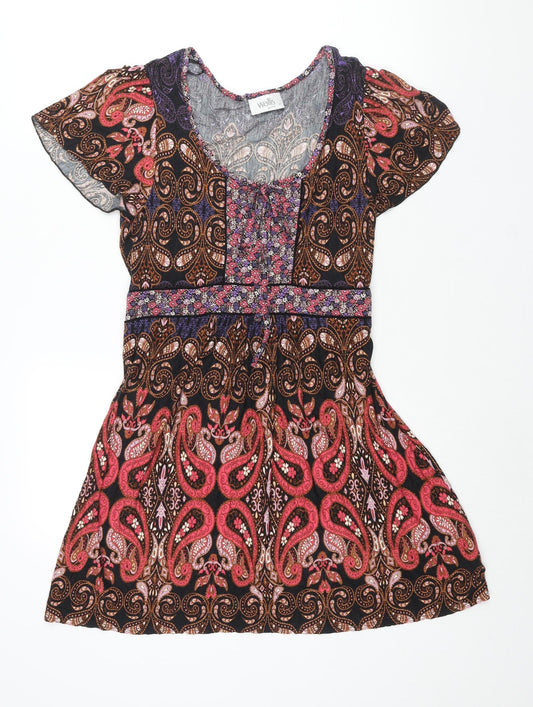 Wallis Womens Multicoloured Geometric Viscose A-Line Size 12 Scoop Neck Pullover - Belted