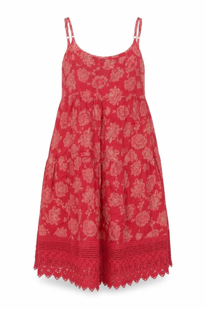 Indigo Womens Red Geometric Modal Shift Size 16 Scoop Neck Pullover - Lace Hem Smocked