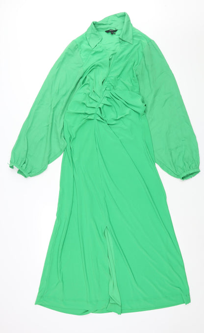 Next Womens Green Polyester Shift Size 12 Collared Snap - Front Slit Rouched