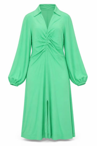 Next Womens Green Polyester Shift Size 12 Collared Snap - Front Slit Rouched