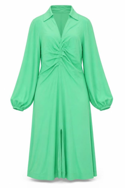 Next Womens Green Polyester Shift Size 12 Collared Snap - Front Slit Rouched