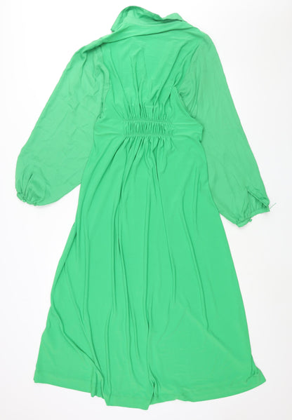 Next Womens Green Polyester Shift Size 12 Collared Snap - Front Slit Rouched