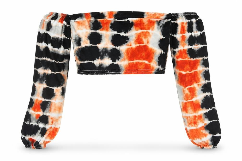 PRETTYLITTLETHING Womens Multicoloured Geometric Viscose Cropped Blouse Size 8 Off the Shoulder - Tie Dye
