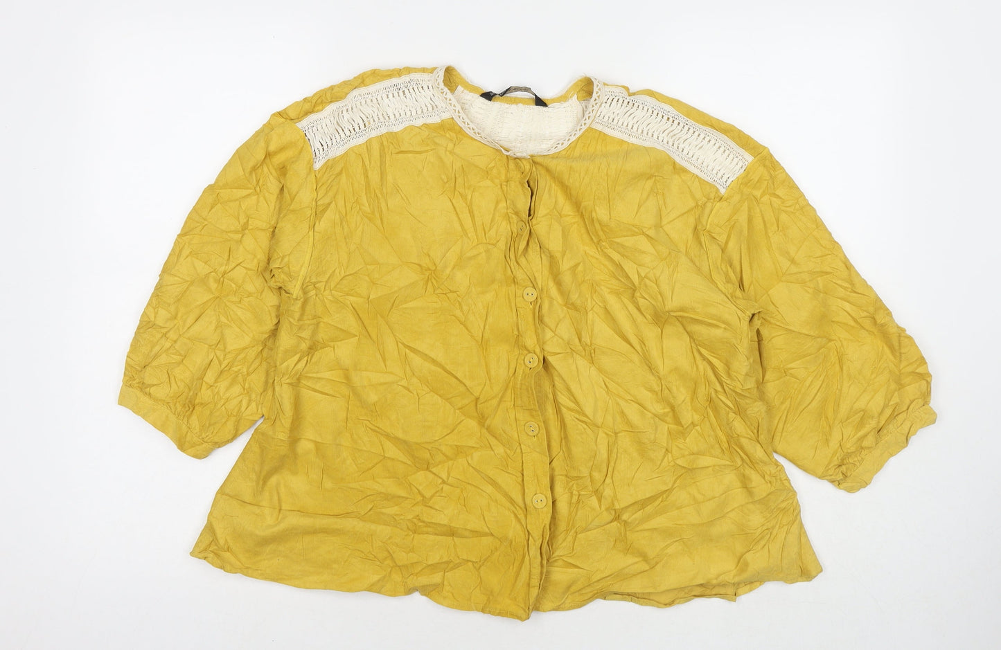 Zara Womens Yellow Cotton Basic Button-Up Size L Round Neck