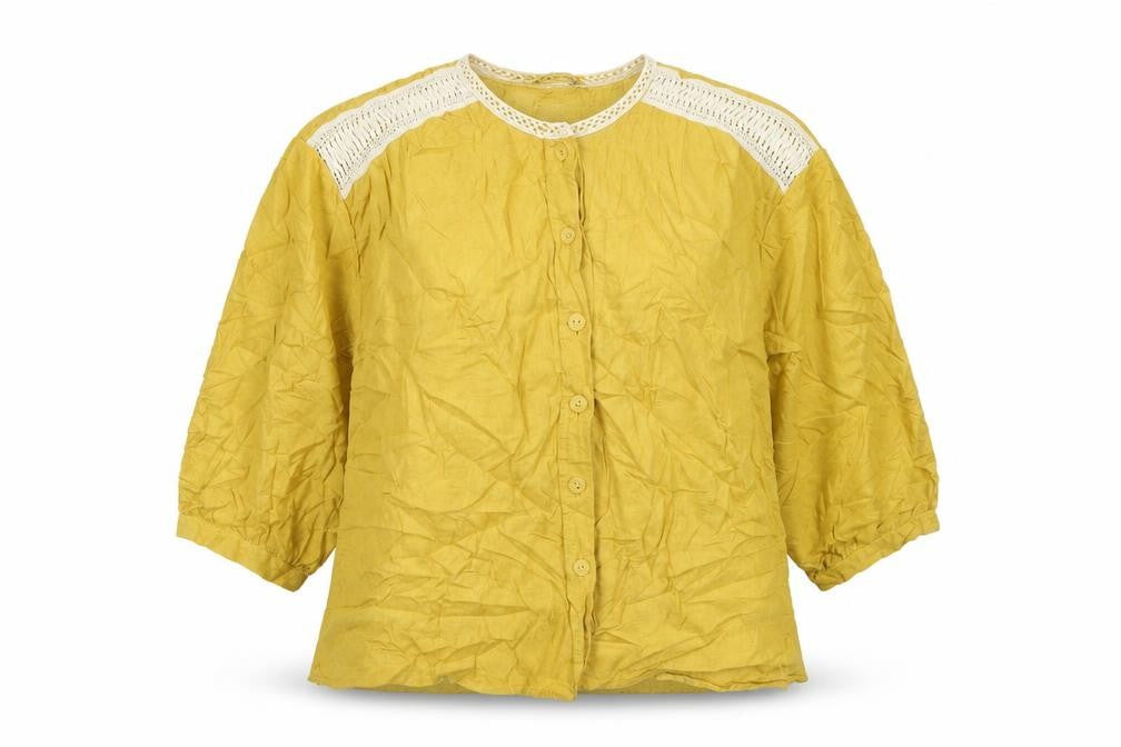 Zara Womens Yellow Cotton Basic Button-Up Size L Round Neck