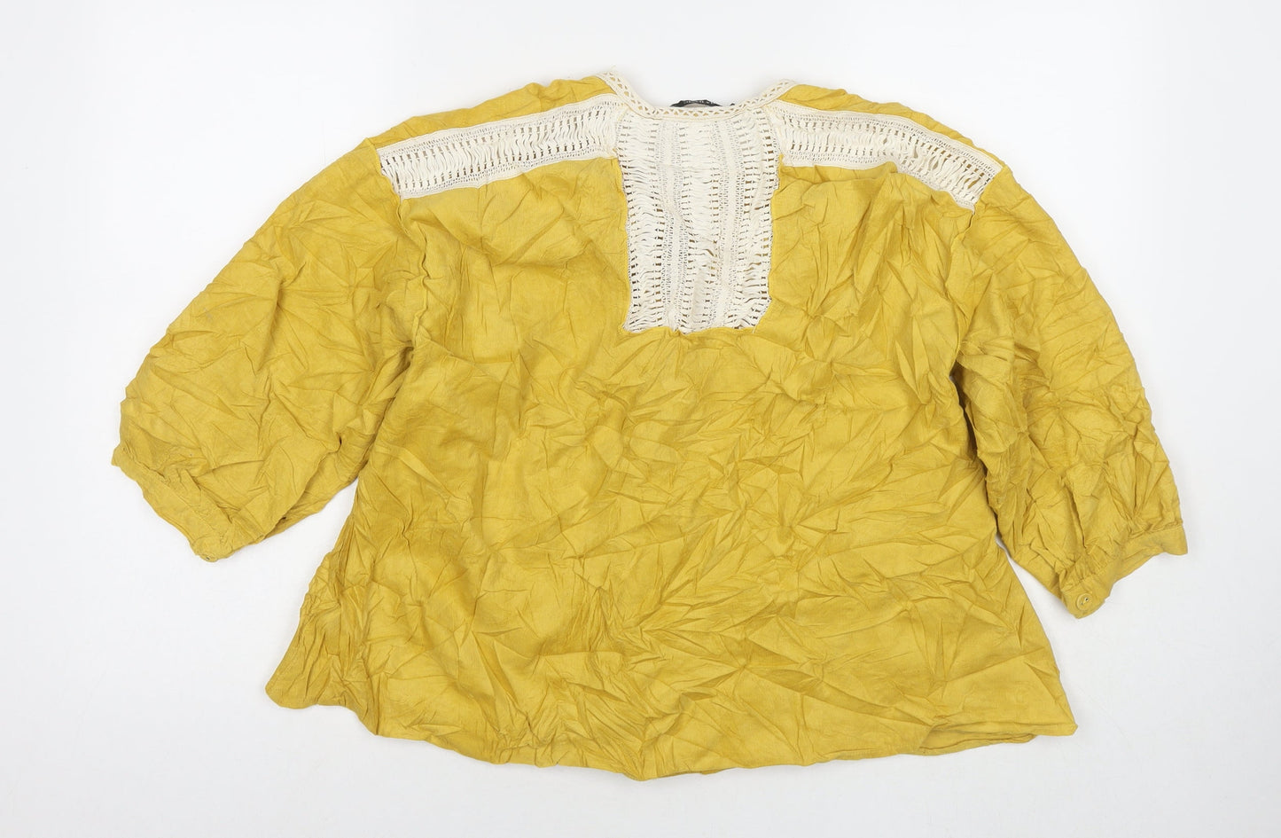 Zara Womens Yellow Cotton Basic Button-Up Size L Round Neck