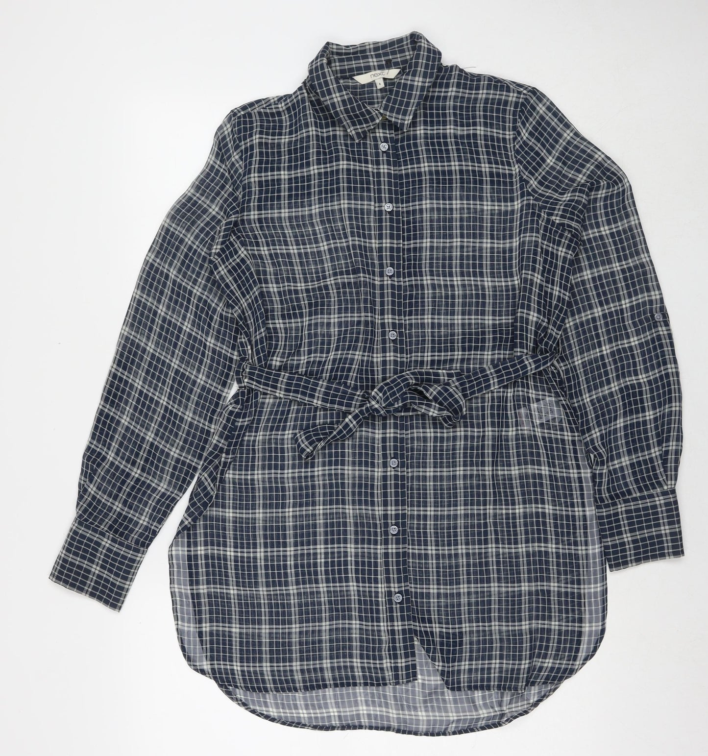 NEXT Womens Blue Check Polyester Tunic Button-Up Size 8 Collared