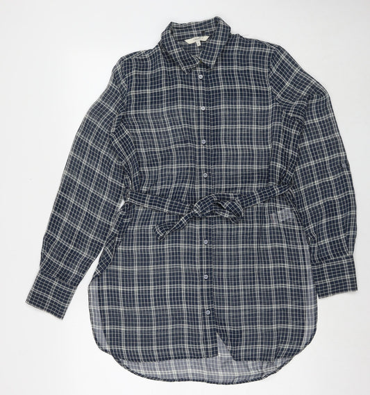 NEXT Womens Blue Check Polyester Tunic Button-Up Size 8 Collared